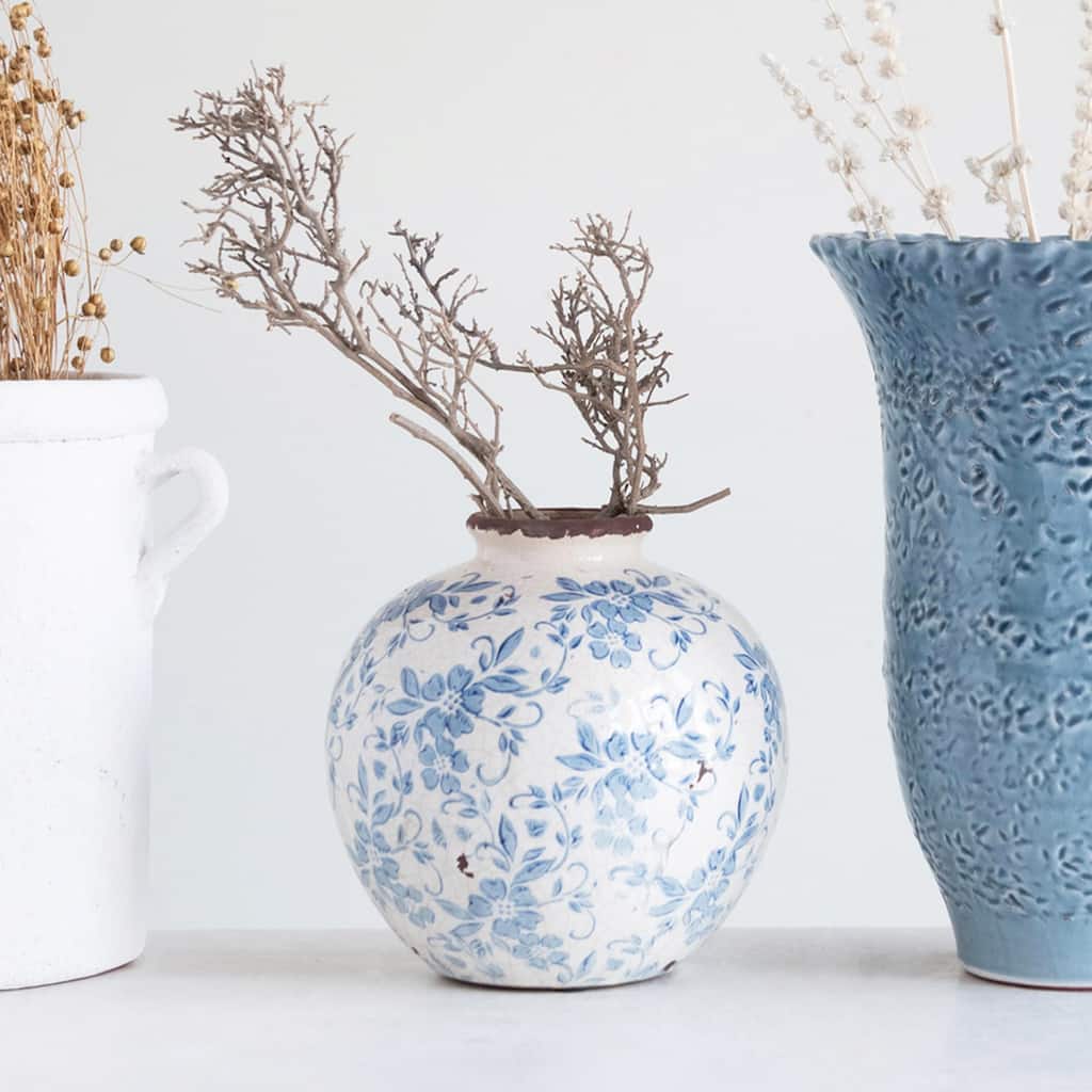 Decorative Terra-cotta Vase with Transferware Pattern