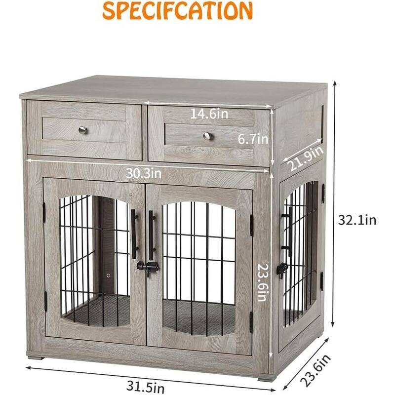 Dog Crate Furniture with Cushion & 2 Drawers