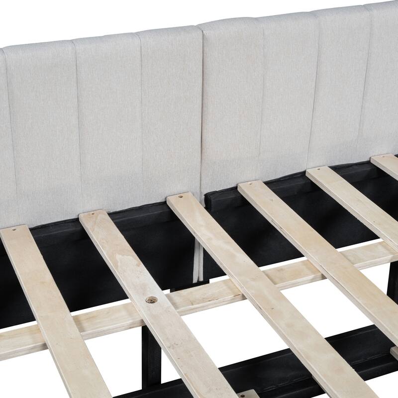 L-Shaped Backrest Daybed Upholstered Daybed Frame Classic Wood Slats Design with 2 Storage Drawers or Trundle, Full Size