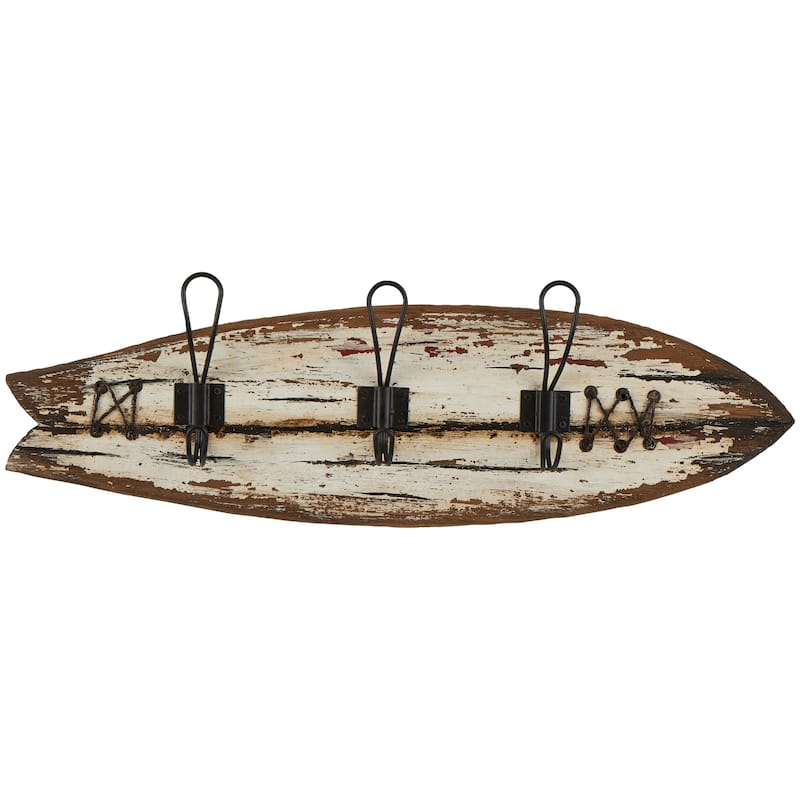 Wood Surfboard Handmade Distressed Fish Shaped 3 Hanger Wall Hook with Metal Accents - Brown - Roche River Decor