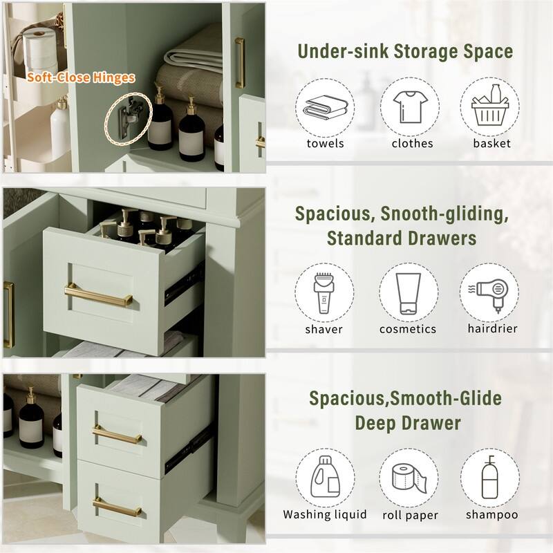 30" Bathroom Vanity with Ceramic Sink, Modern Bathroom Storage Cabinet with Soft-Close Doors, Deep Drawer & Standard Drawer