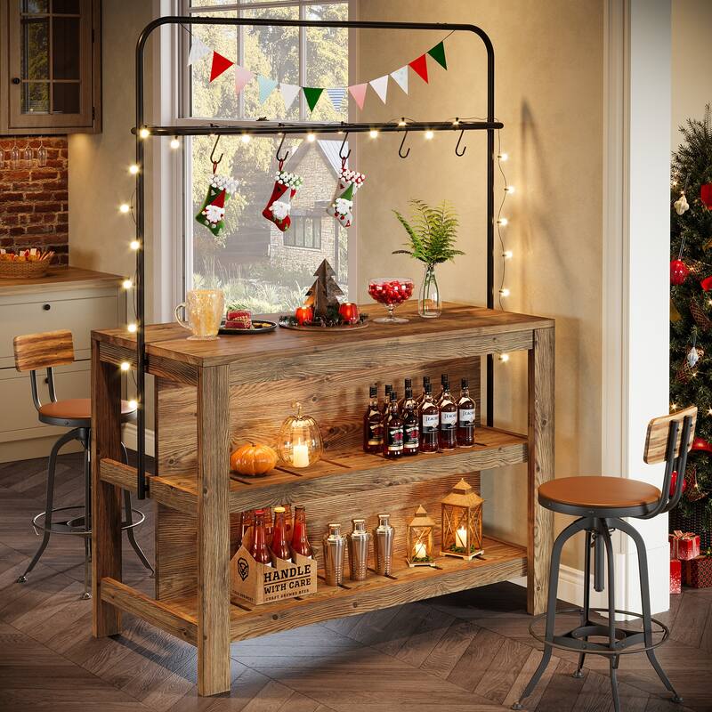 Solid Wood Home Bar Unit, Counter Height Pub Table with Storage