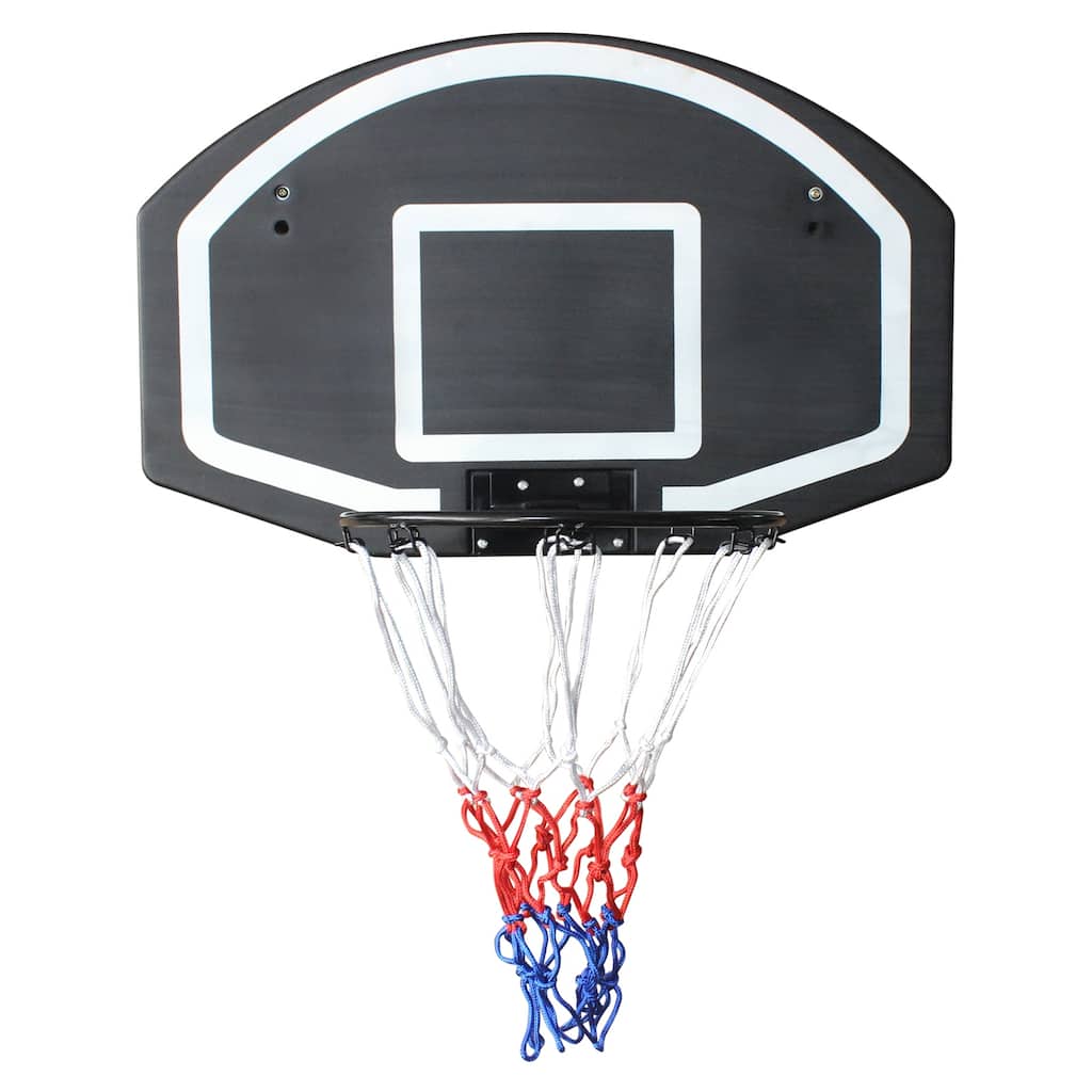 Roomfitters Wall-Mounted Basketball Hoop, 28.5x18 Inch Shatterproof Backboard, Folding Hoop with All-Weather Mesh, Black+Blue