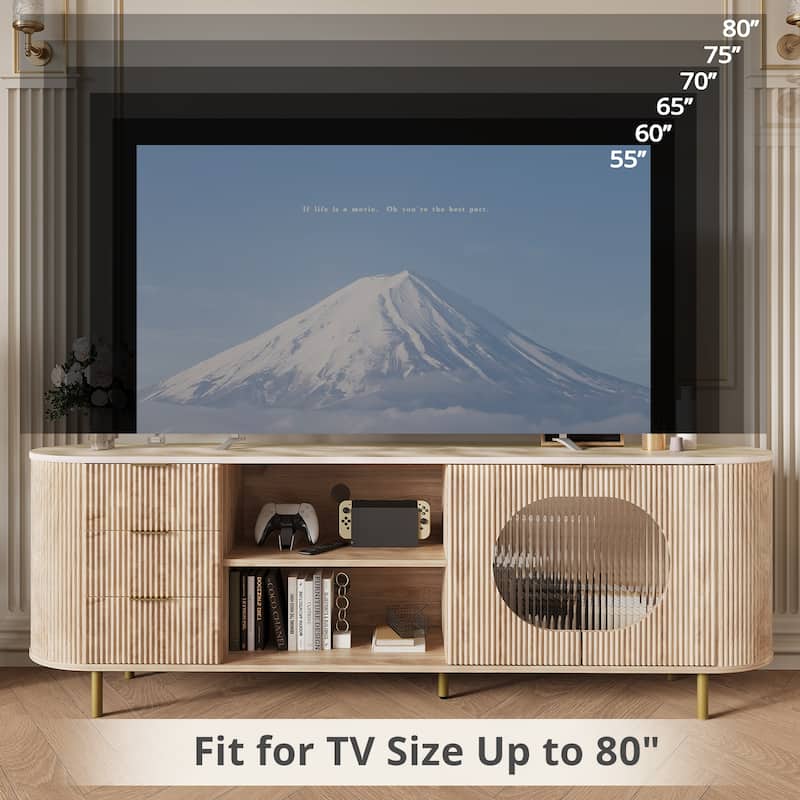 65 Inch Modern TV Stand, Fluted Media Console with Faux Marble Top