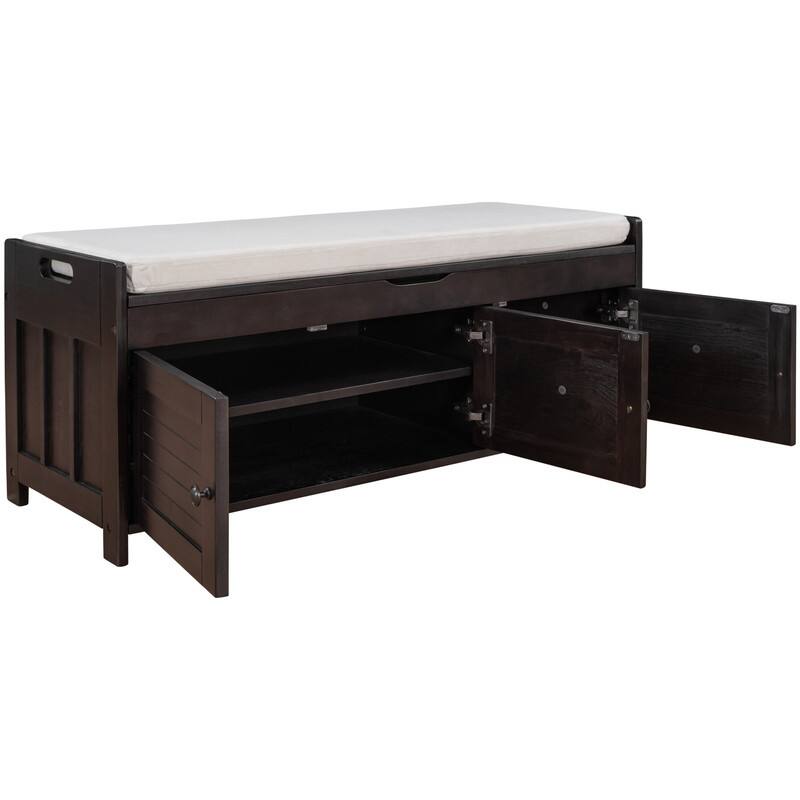 Wooden shoe storage stool with cushioned entrance bench with built-in adjustable shelf and flip top