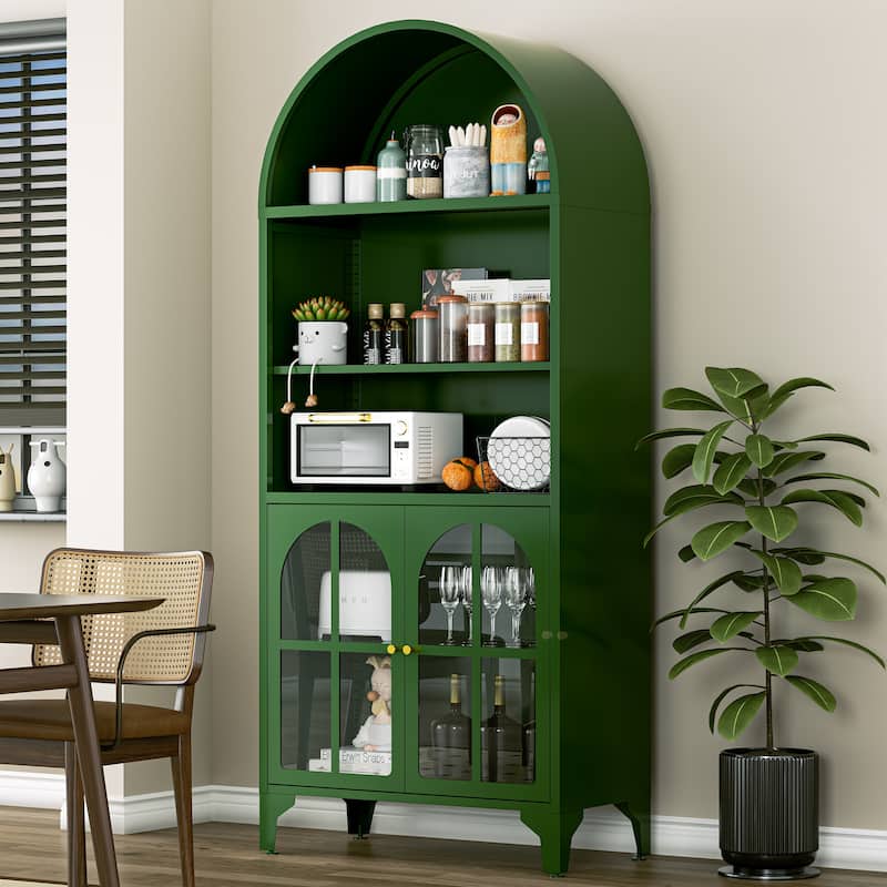 73.6-Inch Arched Metal Storage Display Cabinet with Adjustable Shelves - Arched Cross Doors - Green