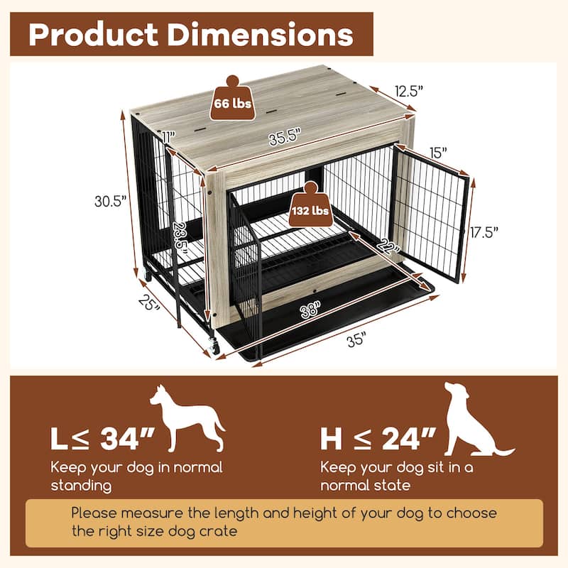 Wooden Dog Crate/Kennel with Flip-Top, Tray and 3 Lockable Doors and Wheels - 38" x 25" x 30.5" (L x W x H)