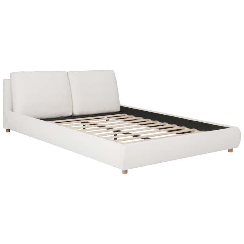 White Low-Profile Platform Bed Boucle Fabric Upholstered Frame with Wood Slat Metal Legs Support, 2 Removable Pillows Headboard