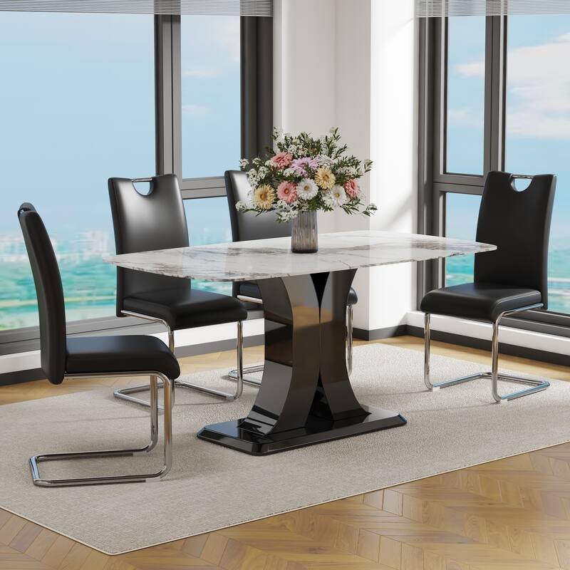 Modern Dining Table Set with Convertible Base, Luxury Rectangular Kitchen Table for 6