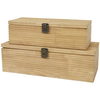 Wood Carved Linear Decorative Box - Set of 2 Light Brown - Roche River Decor