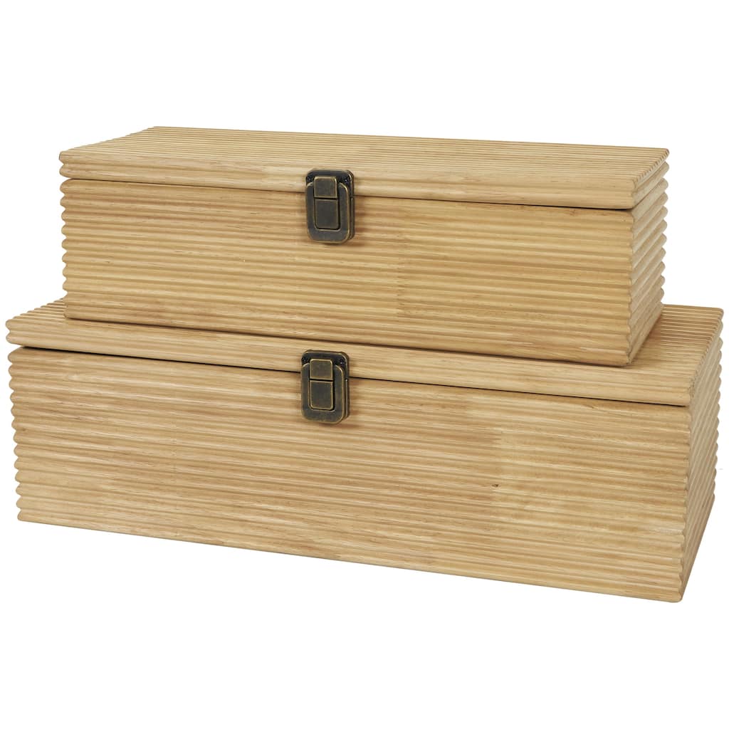 Wood Carved Linear Decorative Box - Set of 2 Light Brown - Roche River Decor