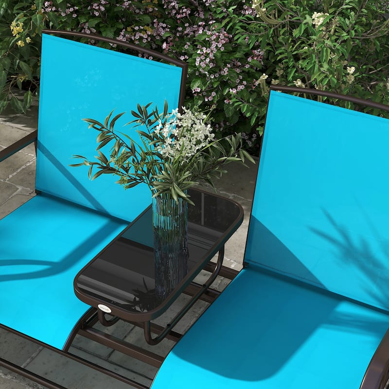 Outdoor Glider Bench with Center Table, Patio Loveseat with Breathable Mesh Fabric, Armrests & Metal Frame