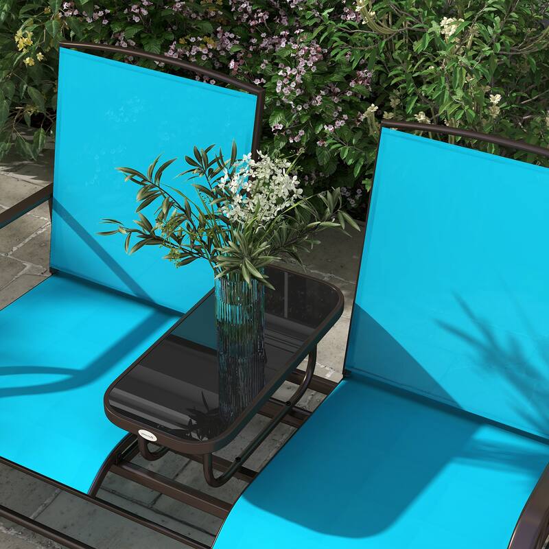 Outsunny 2-Person Outdoor Glider Bench w/ Center Table, Steel Frame for Backyard Garden Porch, Beige