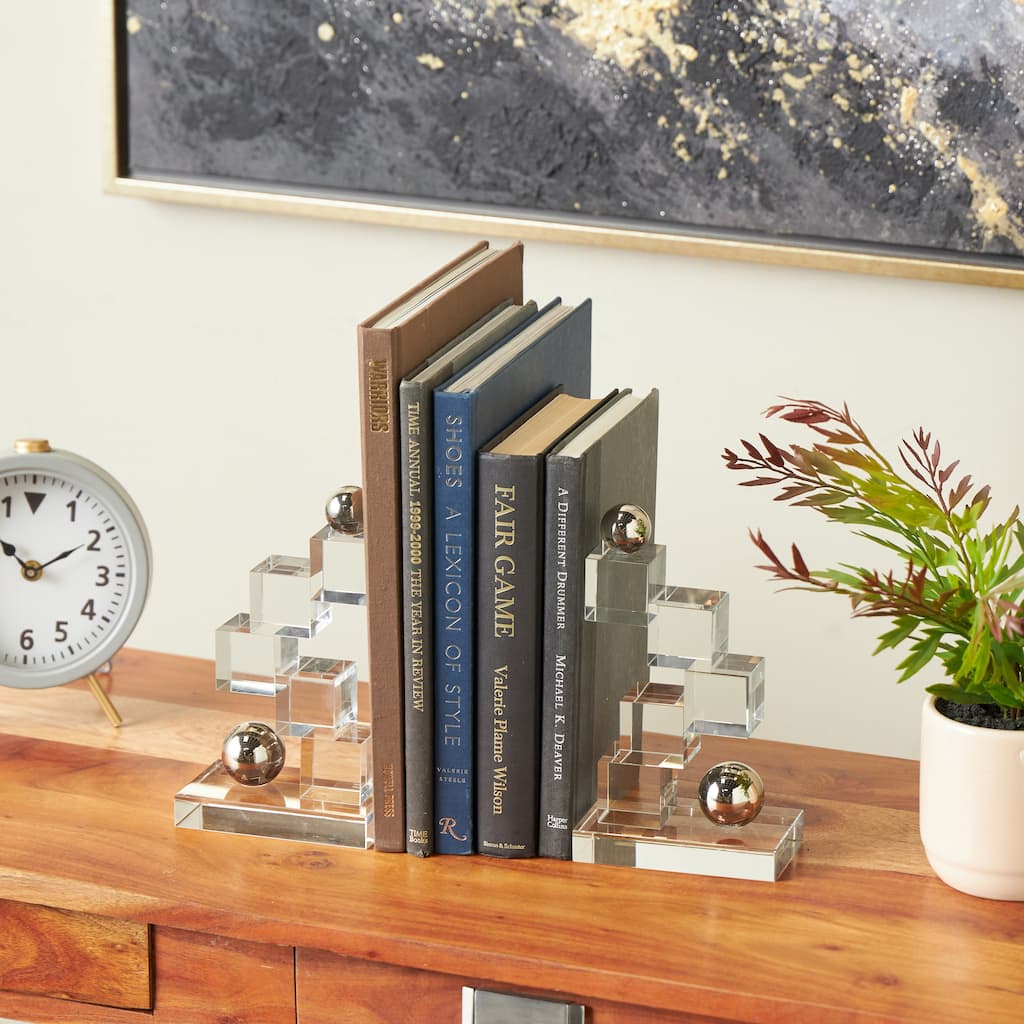 Clear Glass Stacked Squares Decorative Bookends with Silver Orbs (Set of 2)
