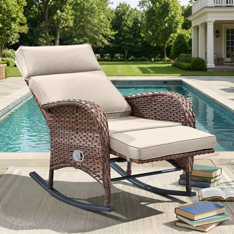 Pocassy Versatile Outdoor Recliner Rocker Chair with Thick Cushion - Brown Wicker with Beige Cushion - 1-Piece Rocker Recliner Chair
