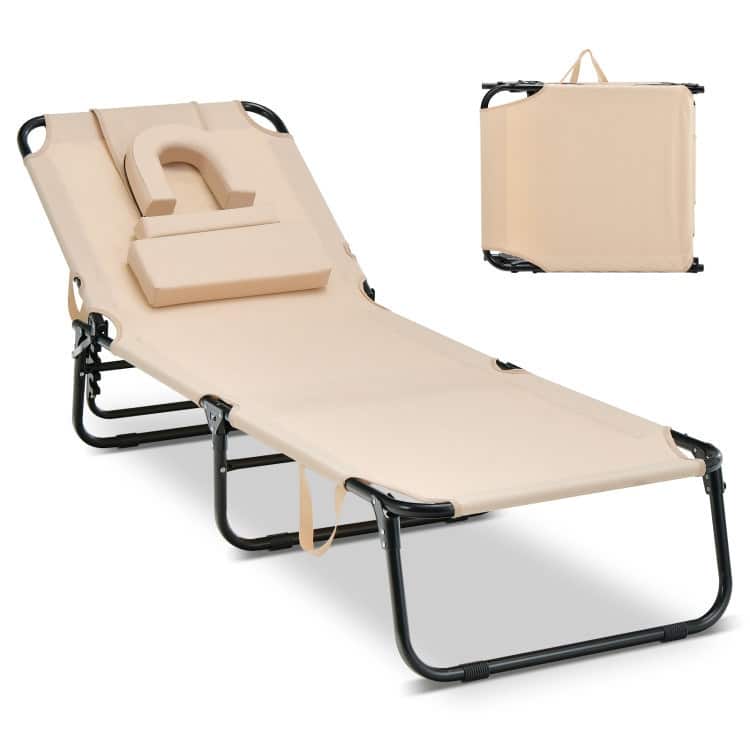 Beach Chaise Lounge Chair with Face Hole and Removable Pillow - Beige