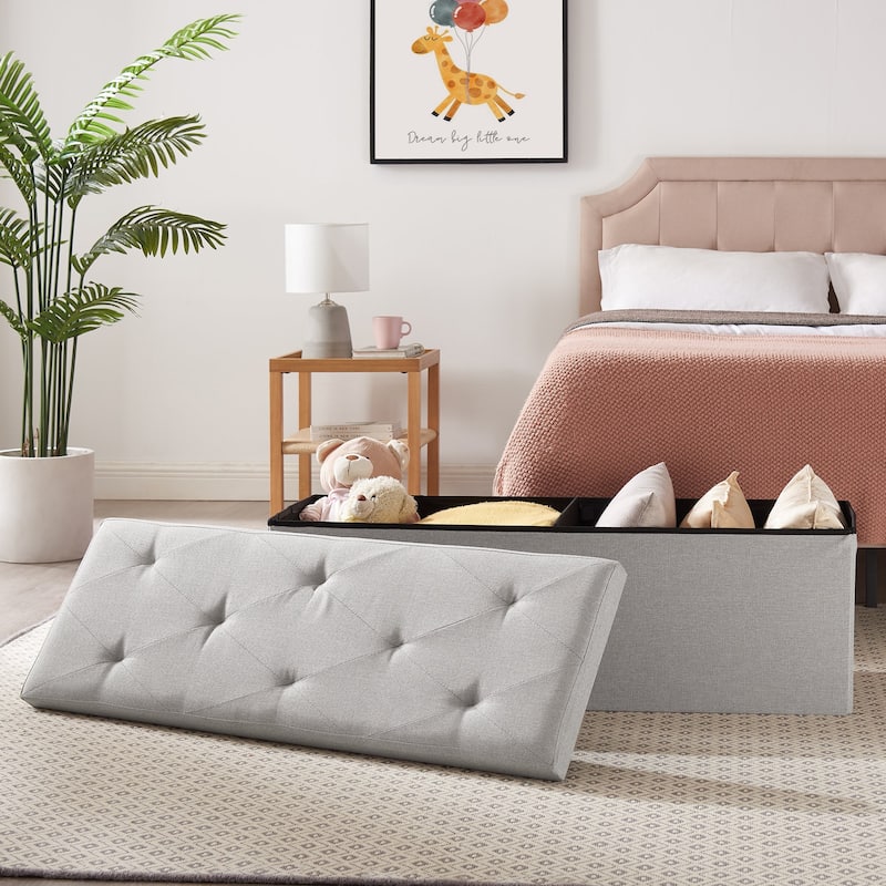 VECELO Upholstered Bed Frames with Headboard & LED Lights and Storage Ottoman (Set of 2),Bedroom Set