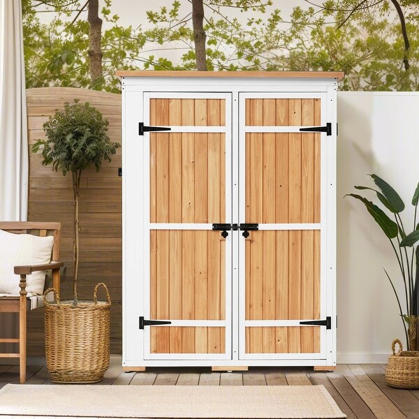 Outdoor Storage Shed, Wood Garden Tool Cabinet w/ 4 Lockable Outdoor Storage Shed, Wood Garden Tool Cabinet w/ 4 Lockable