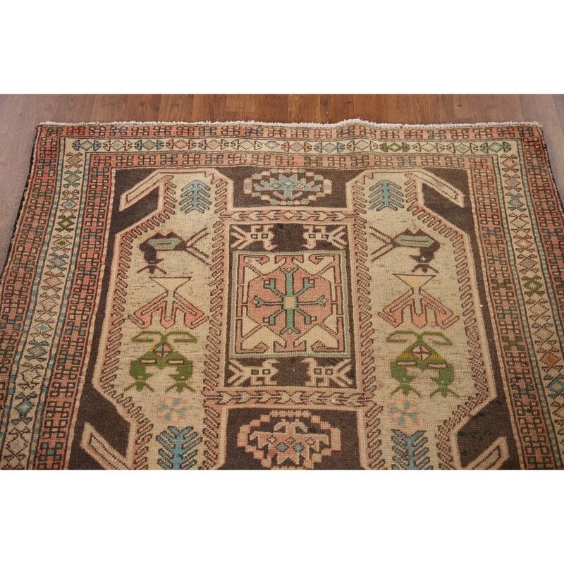 Animals Tribal Ardebil Persian Vintage Runner Rug Handmade Wool Carpet - 4'0"x 10'2"