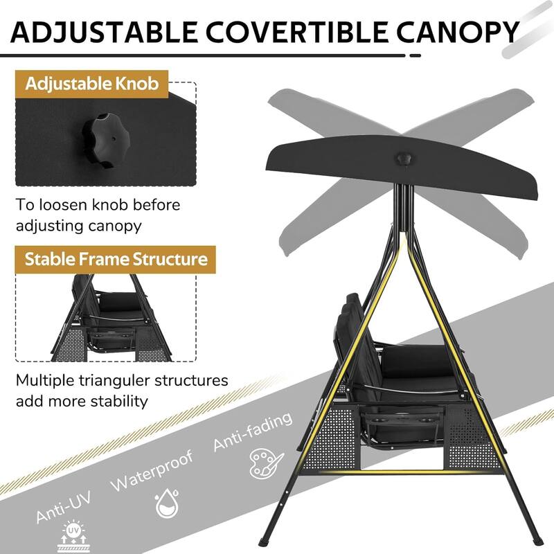 AECOJOY 3-Seat Porch Swing Chair, Patio Swing Chair w/ Cushions