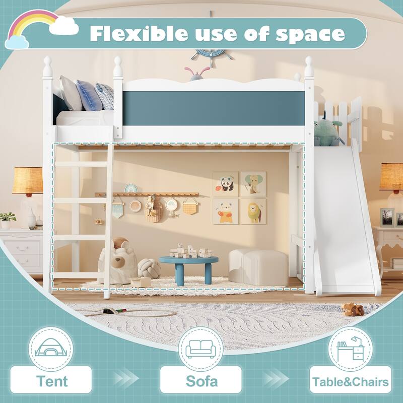 Modern High Loft Beds with Full Length Guardrails, Solid Wood Storage Loft Bed Frame with Detachable Slide and Ladders