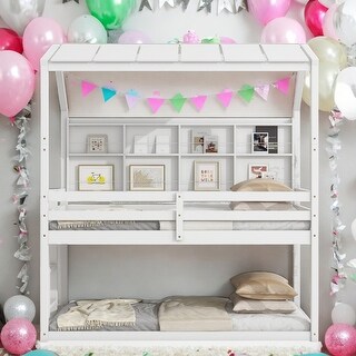 Modern Twin over Twin Loft Bed with Guardrails,Semi-enclosed Roof,Bedside Shelves and Ladder for Bedroom