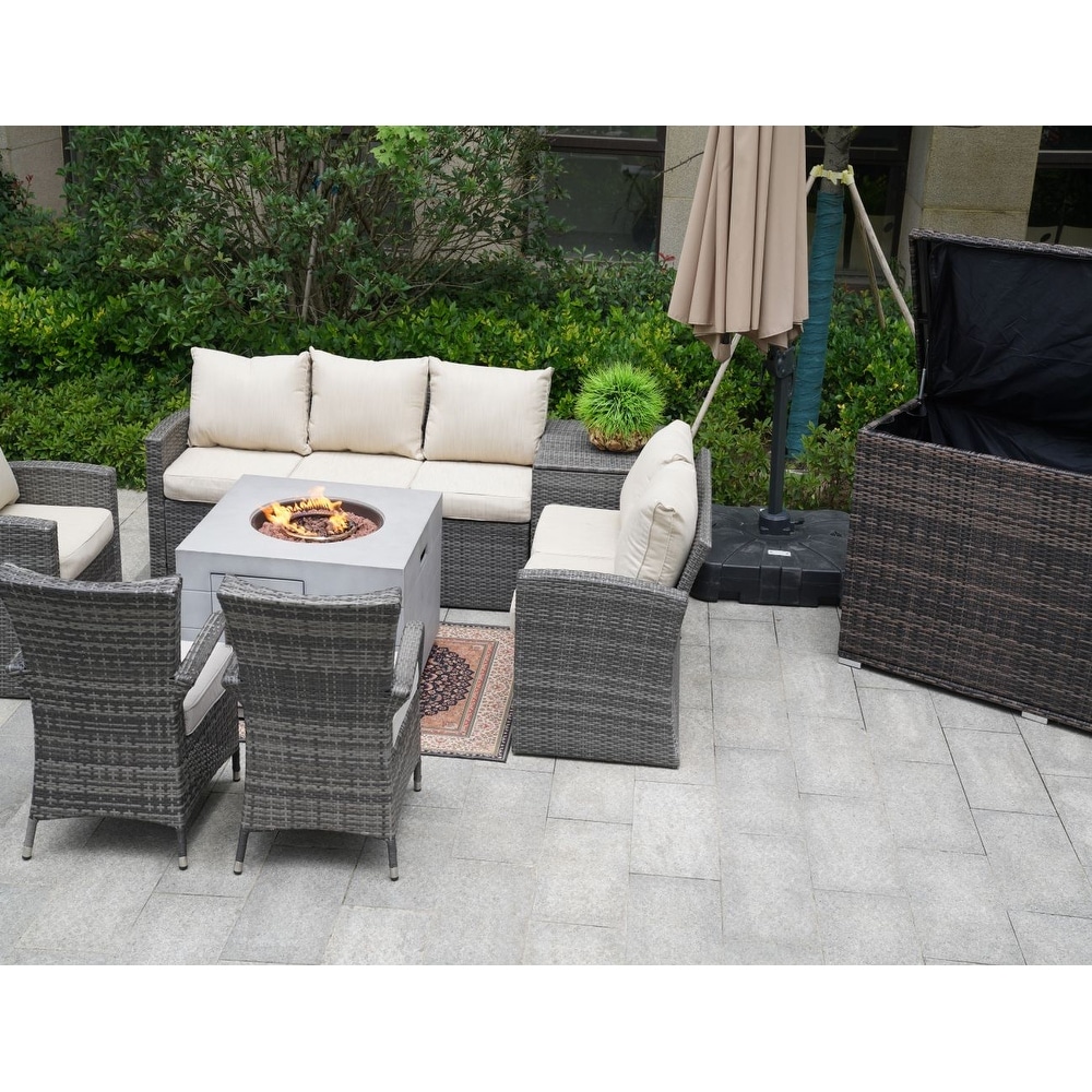 Grey rattan garden discount furniture with fire pit