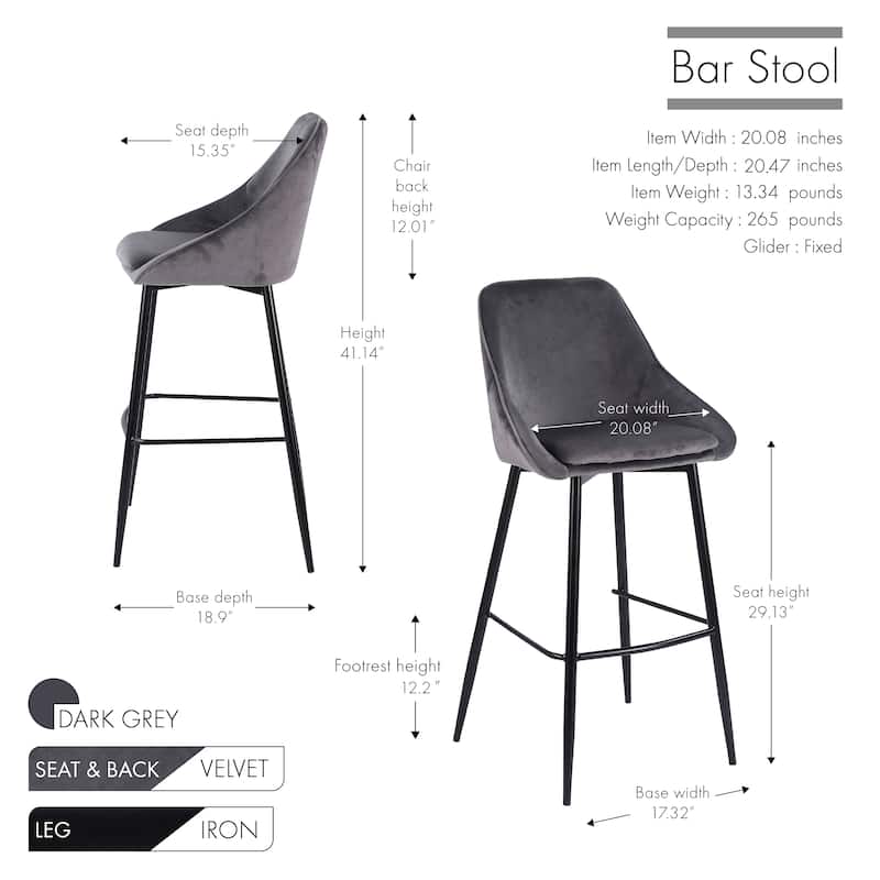 Porthos Home Ugo Bar Stools Set of 2, Velvet Upholstery, Iron Legs
