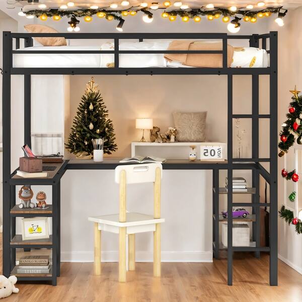 slide 2 of 13, Metal Full Size Loft Bed with Desk and Shelves,Ladder and Guardrails Black