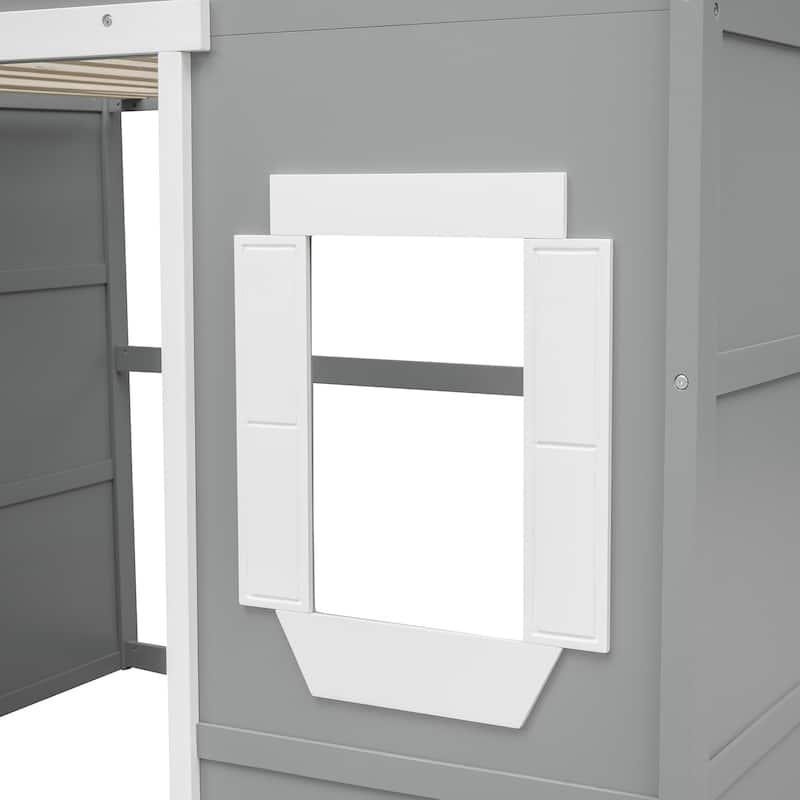 Full Size House Loft Bed With Ladder-Gray+White Frame