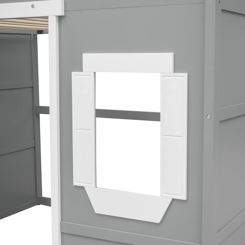 Full Size Loft Bed with Ladder in Gray and White Frame, Sturdy Pine Wood Construction