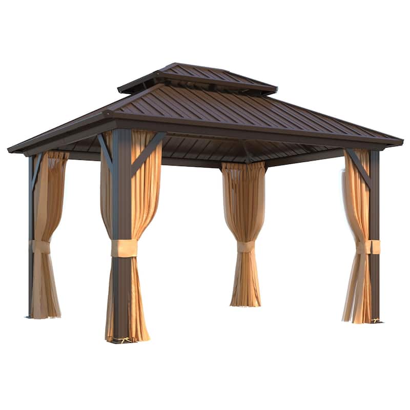 Outdoor Hardtop Gazebo w Galvanized Steel Double Roof & Aluminum Frame, 10'x12' Pergola with Premium Curtains and Nettings