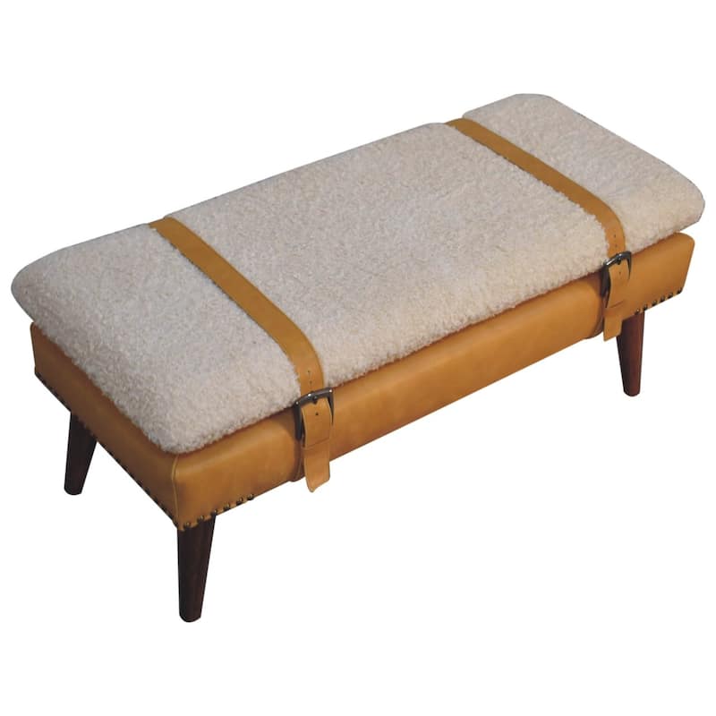 Artisan Furniture Solid Wood Boucle x Tan Leather Bench, Brown