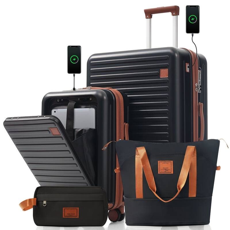 Luggage Sets 4 Piece with USB Charging Ports, Front-Opening Hardside Carry On Suitcase Set with TSA Lock Travel Duffel Bag - Black+Brown