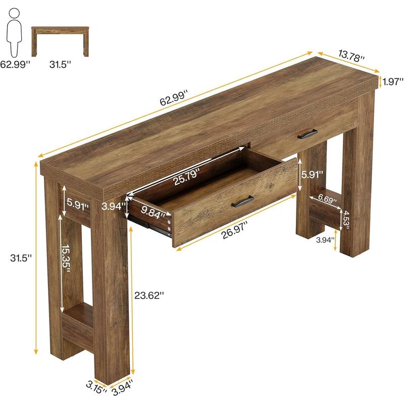 63" Wood Farmhouse Console Sofa Tables Behind Couch with 2 Drawers - 63" W × 13.8" D × 31.5" H