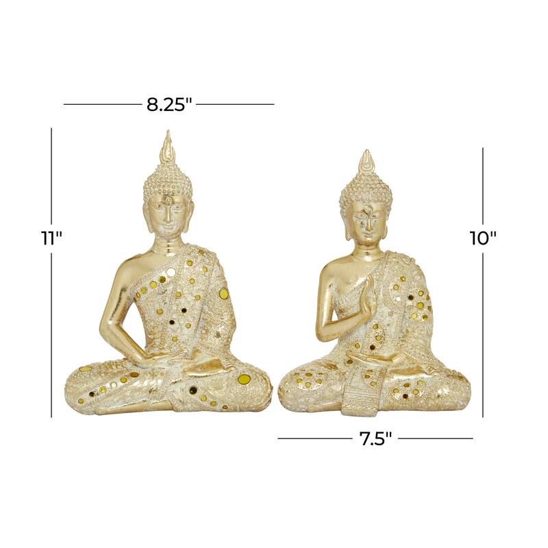 Polystone Buddha Meditating Sculpture with Engraved Carvings and Relief Detailing - Set of 2 Gold - Roche River Decor