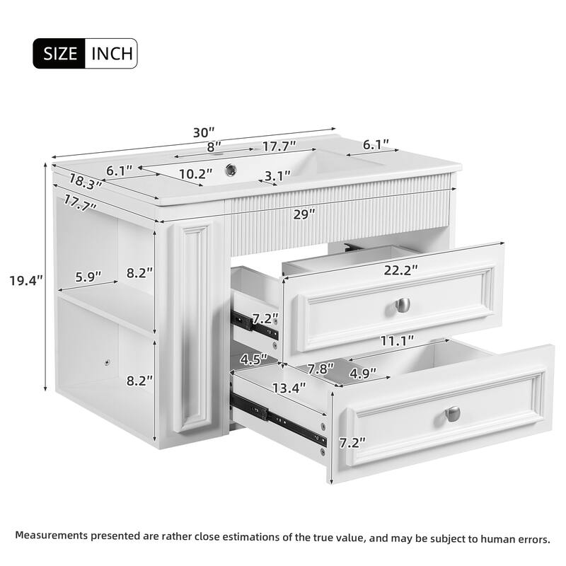 30" Wall Mounted Bathroom Vanity,Floating Bathroom Storage Cabinet with 2 Drawers,3 Holes Single Ceramic Sink,Modern Cabinet