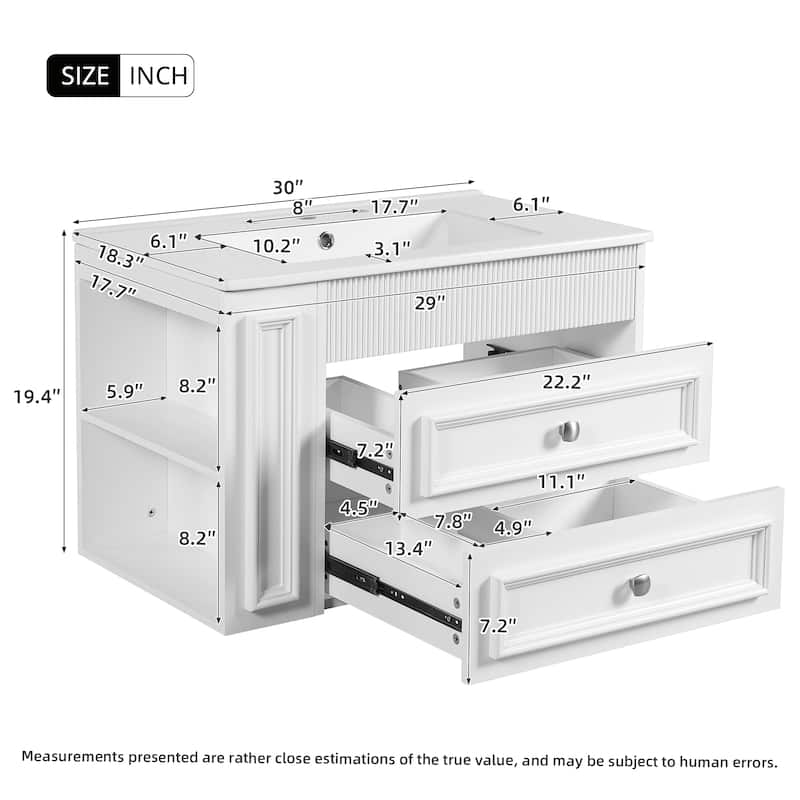 Roomfitters 30" Wall Mounted Bathroom Vanity with Ceramic Sink, Floating Storage Cabinet with Drawers