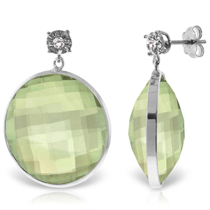 14K Solid Gold Diamonds Stud Earrings w/ Round Cut Green Amethysts - White