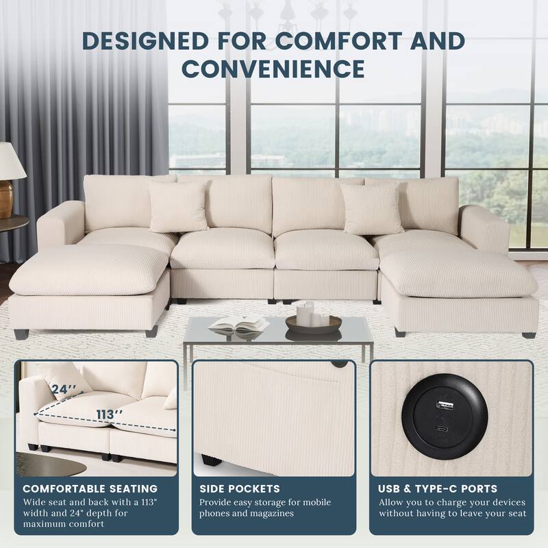 Hamilton 6-Piece Corduroy Upholstered Modular Sectional with USB Port