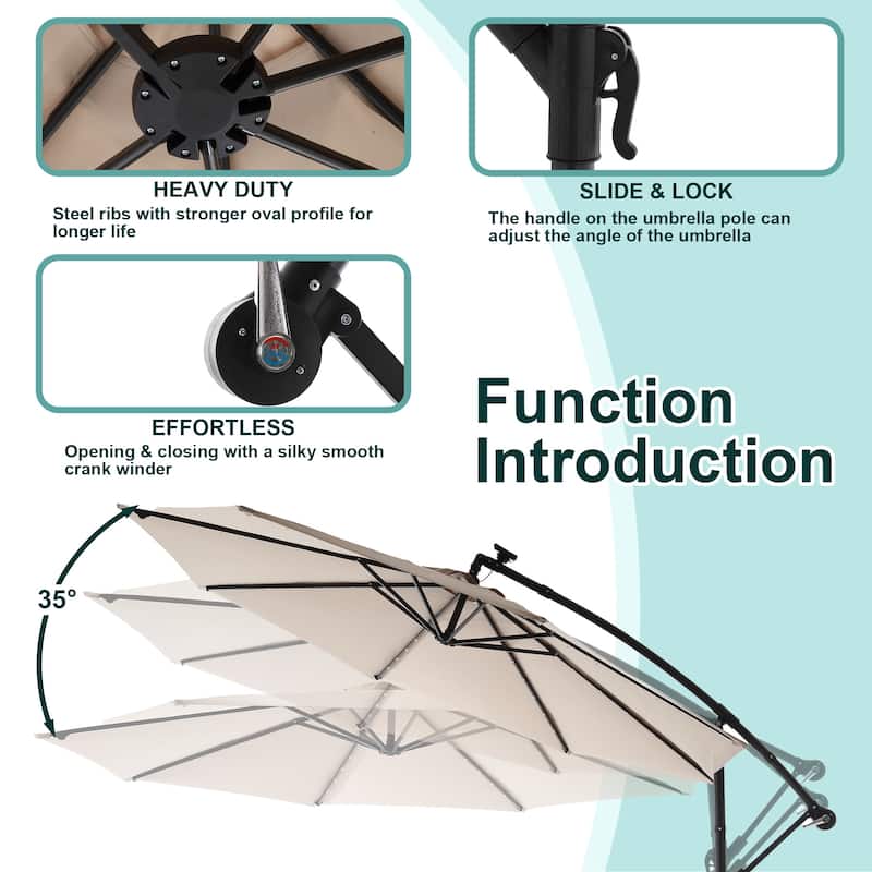 HOMEFUN 10ft Solar LED Offset Hanging Market Patio Umbrella