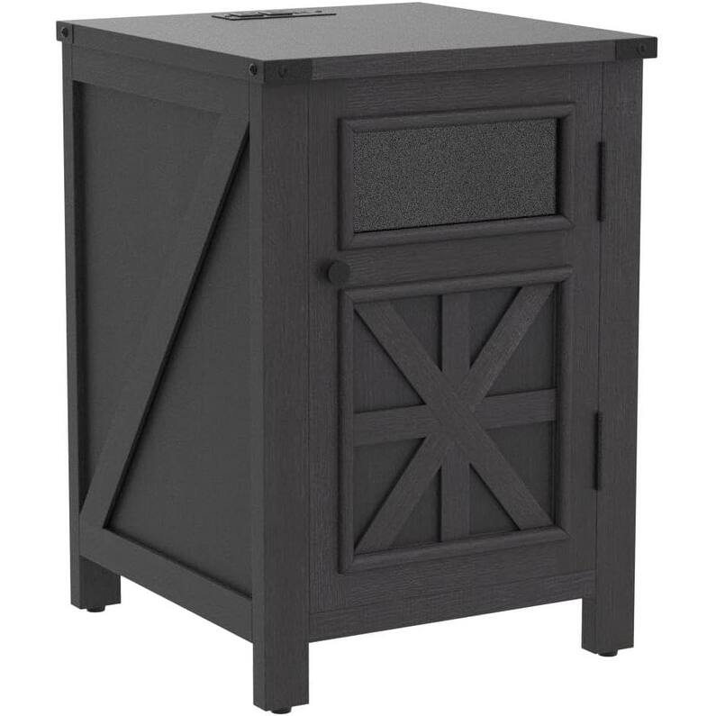 Farmhouse Nightstand with Charging Station, End Table with Barn Door