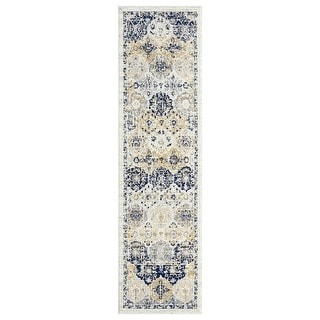 Priscilla Yellow and Navy Blue Floral Transitional Runner Rug - Bed ...