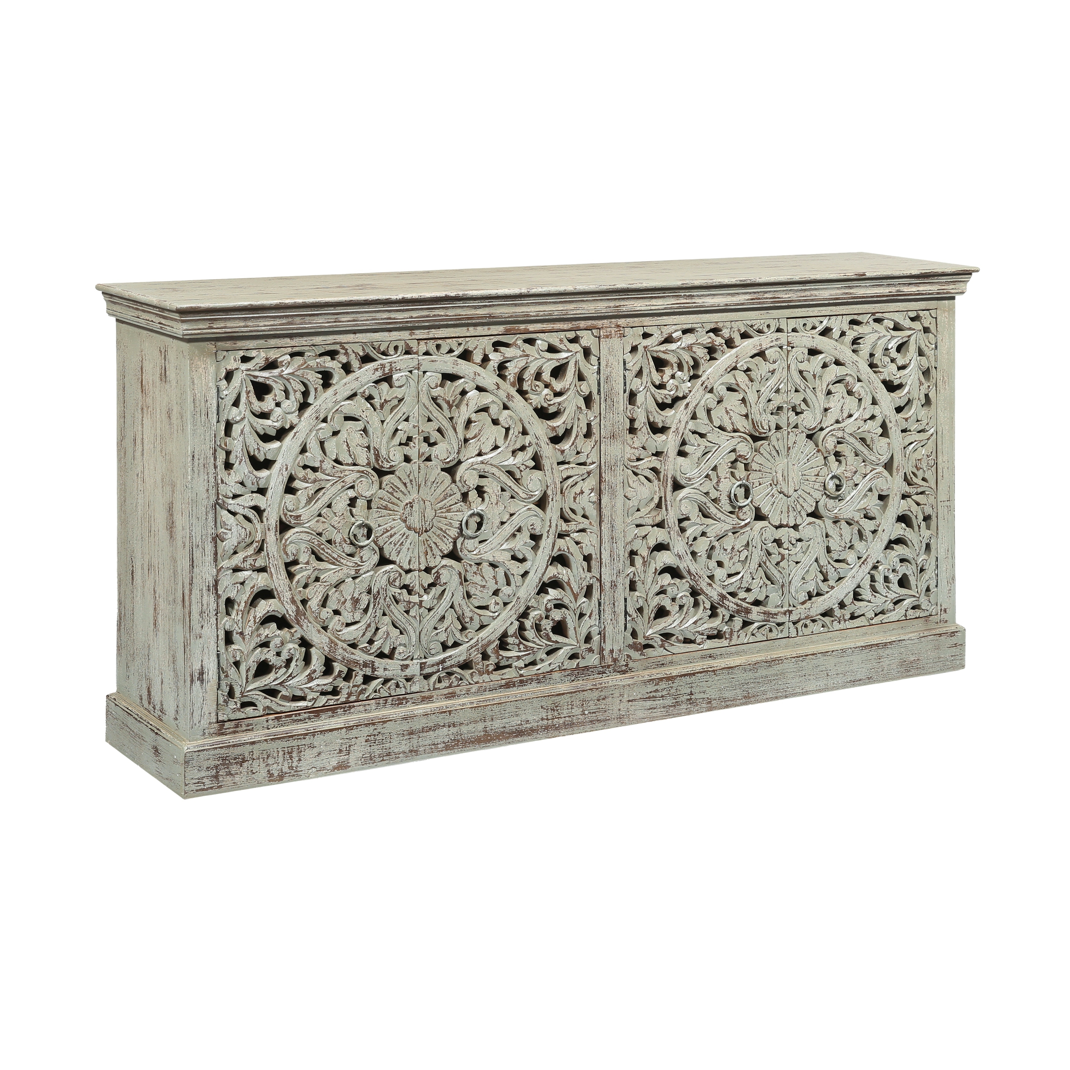 71" Distressed Cream 4 Door Solid Wood Media Credenza_Sideboard