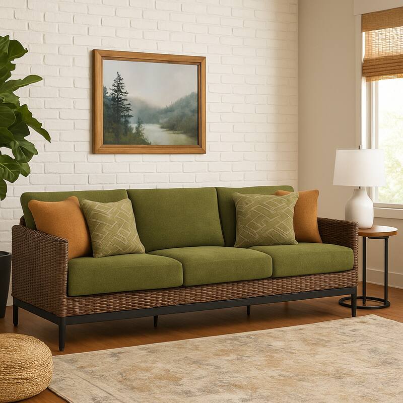 Inaya Outdoor Sofa, 4 Throw PIllows, Green Polyester, 88 Inch Brown