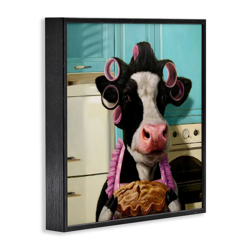 Stupell Glamorous Farm Cow Baking Pie Hair Rollers Framed Wall Art - Blue