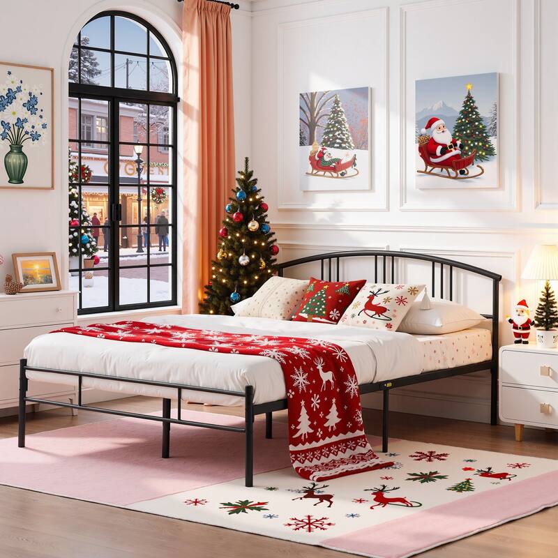 VECELO Metal Platform Bed Frame with Curved Slatted Headboard No Box Spring Needed Heavy Duty Bed for Adults Kids