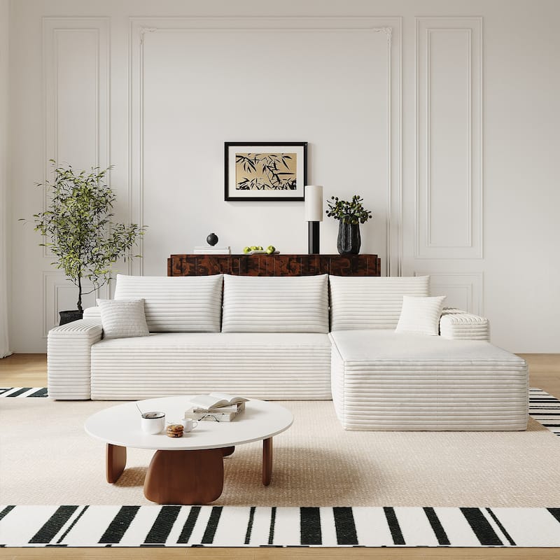 Plush Corduroy Upholstered Couch L-shaped Sectional Sofa with Chaise - White