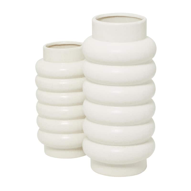 Ceramic Decorative Vase with Ring Ribbing - Set of 2 White, Yellow, Dark Blue - CosmoLiving by Cosmopolitan