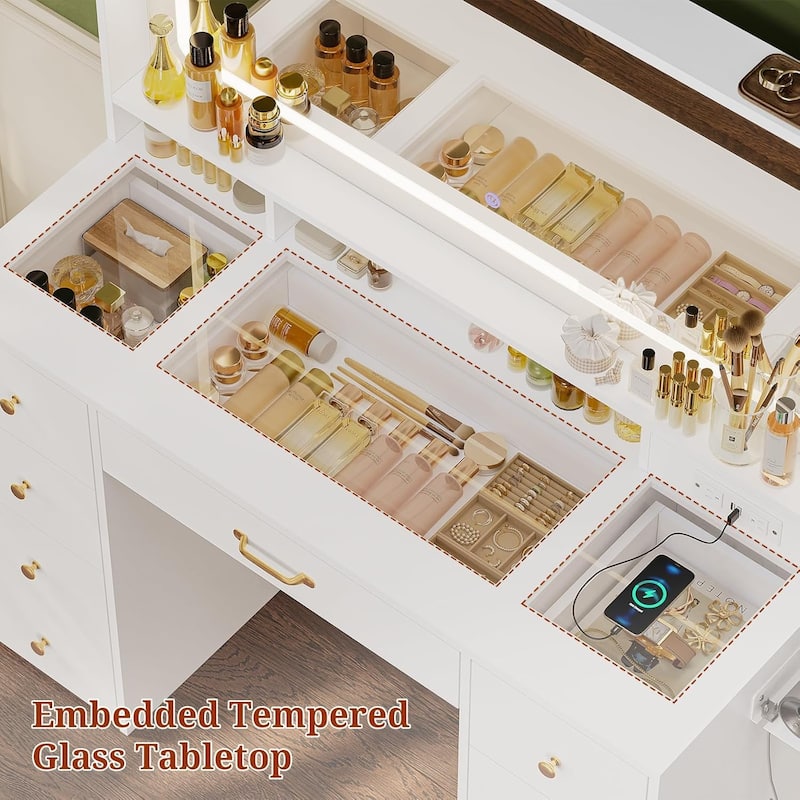 Vanity Desk with Mirror and Lights Power Outlet Drawers 3 Light Modes